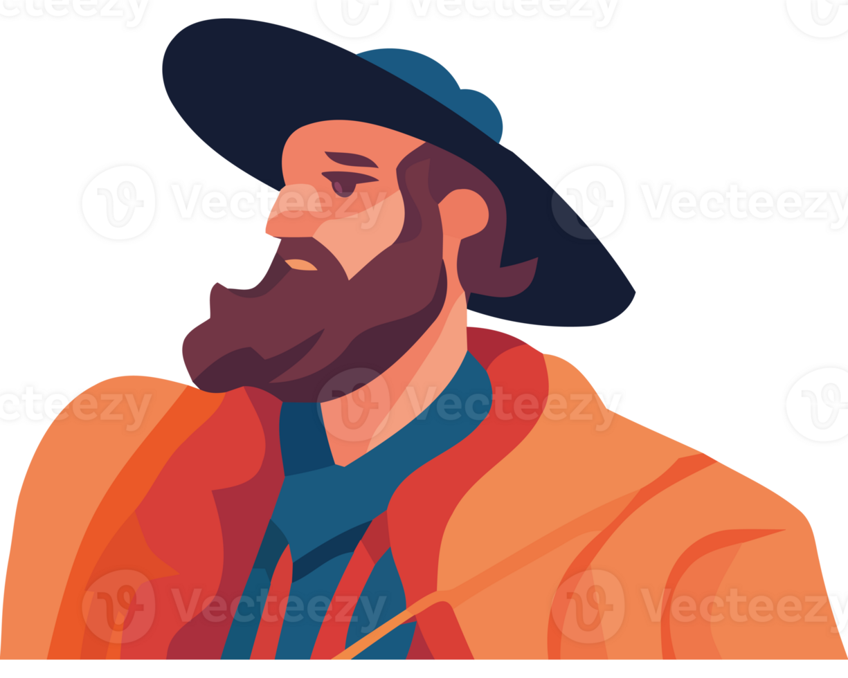 An illustration of a man with a beard and hat png