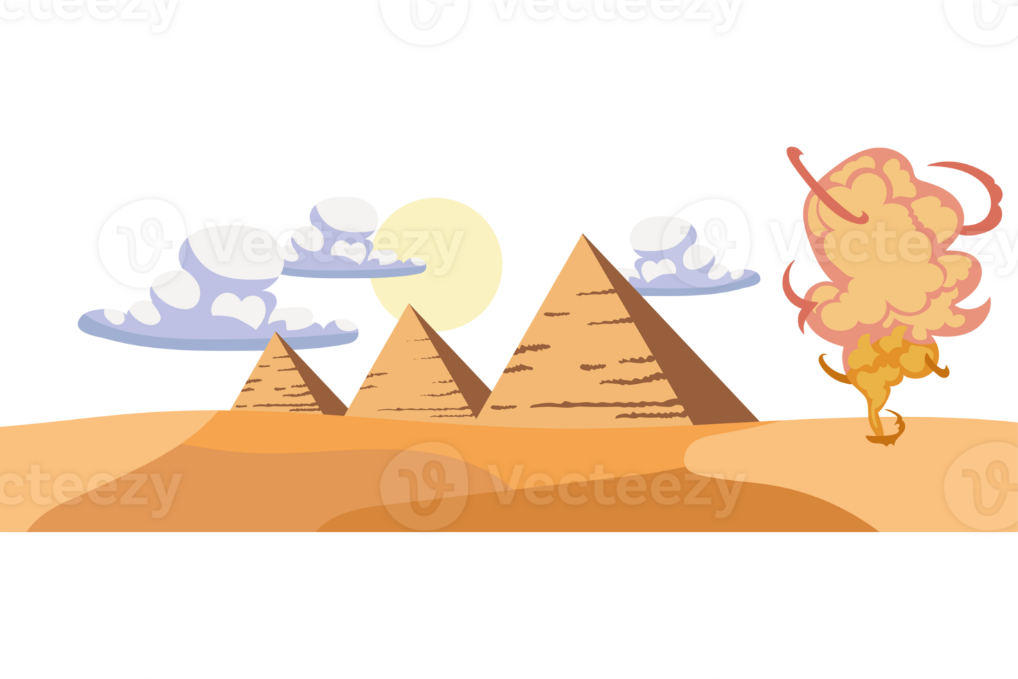 Pyramids in the desert with a cloud in the sky png
