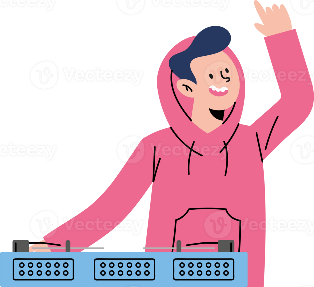 A man in a pink hoodie is holding up a dj mixer png