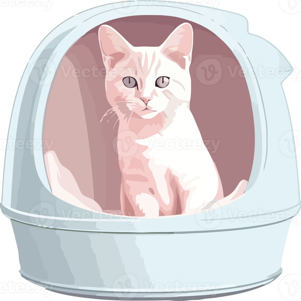 A white cat sitting in a litter box png