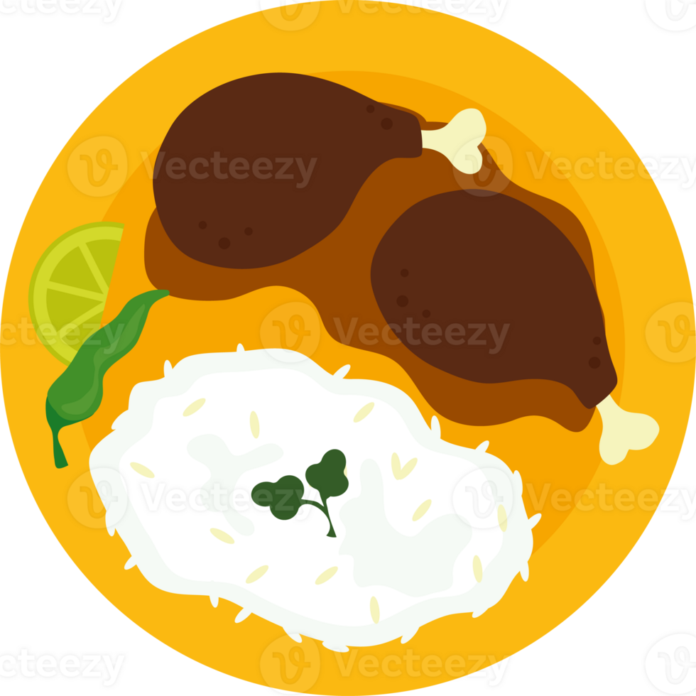 A plate with rice, chicken and a lime png