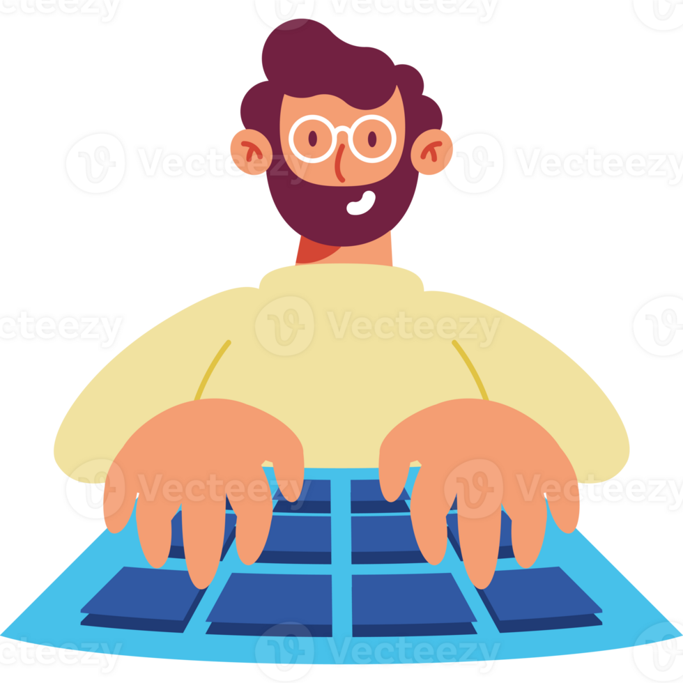 A man with glasses and a beard is typing on a keyboard png
