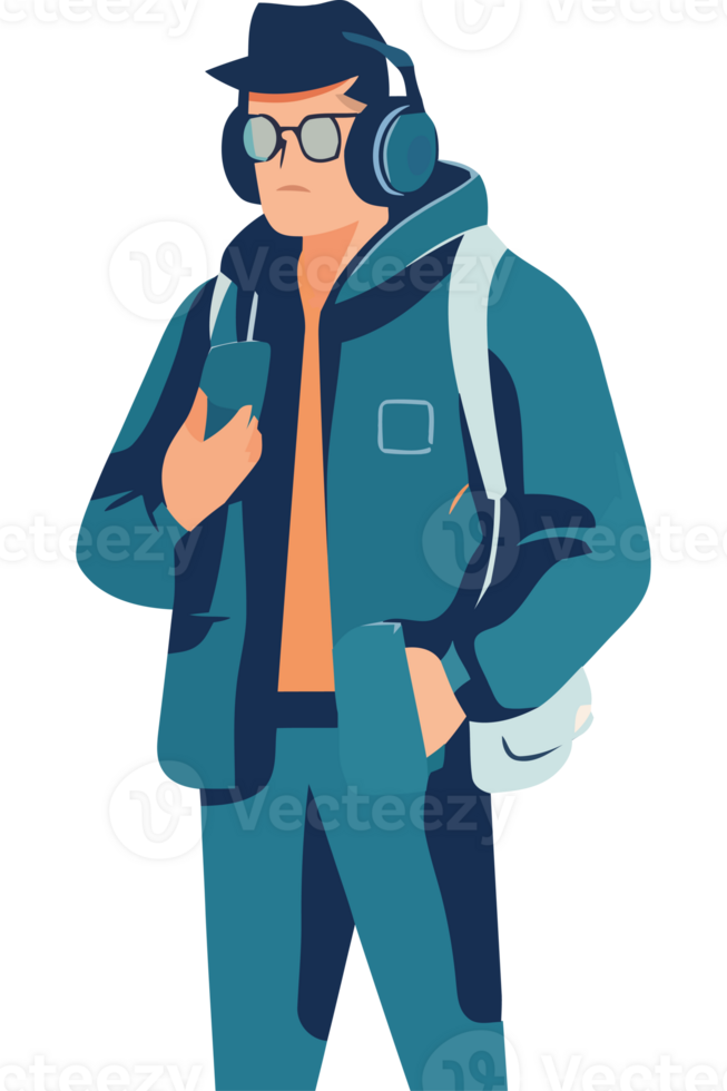 A man in a jacket and headphones holding a phone png