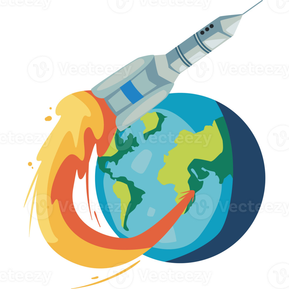 An illustration of a rocket flying around the earth png
