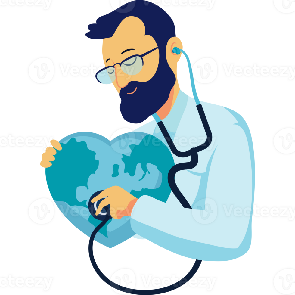 A man with glasses and a stethoscope is holding a heart shaped globe png