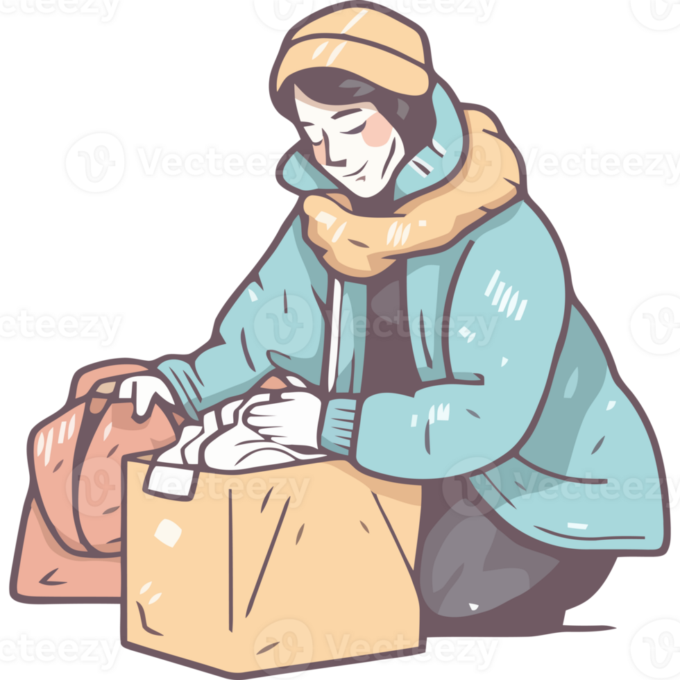 A woman in winter clothes sitting on a box png