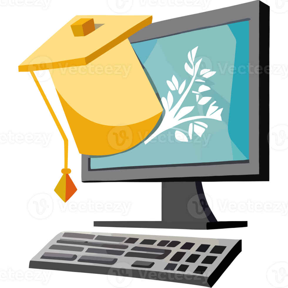 A computer with a graduation hat on it png
