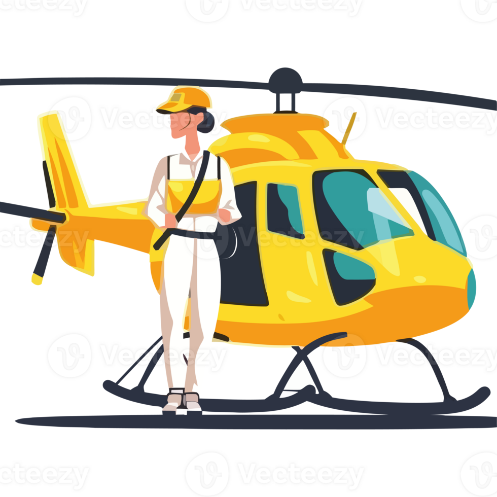 A man in a yellow uniform standing next to a helicopter png