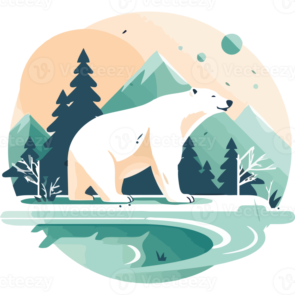A polar bear standing on a lake surrounded by trees png