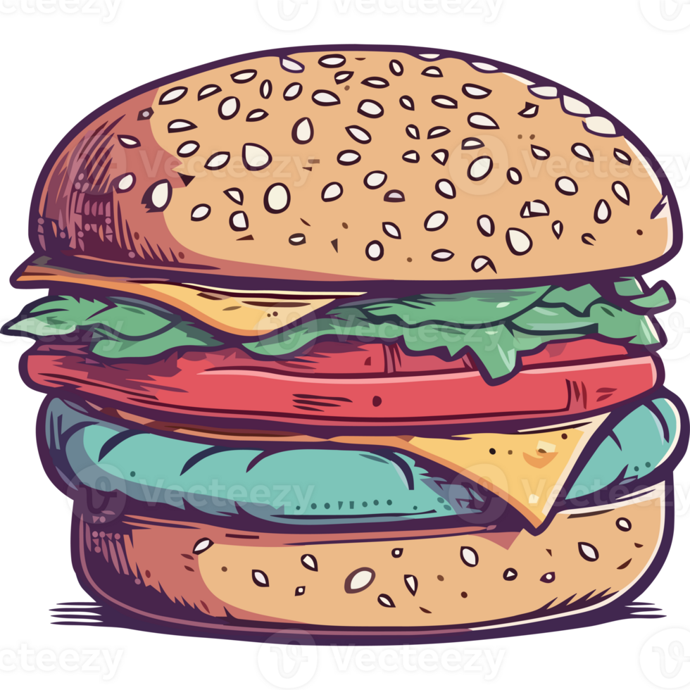 A hamburger with cheese, lettuce and tomato png