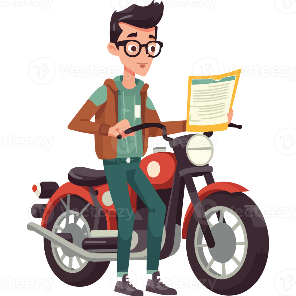 A man is riding a motorcycle with a document png
