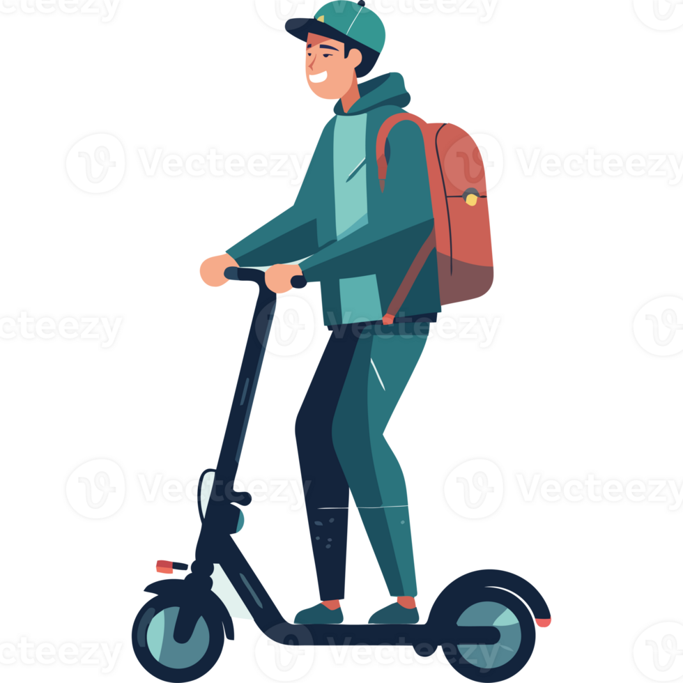 A man riding a scooter with a backpack png