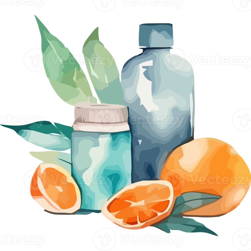 An orange and a bottle of water are next to a leaf png