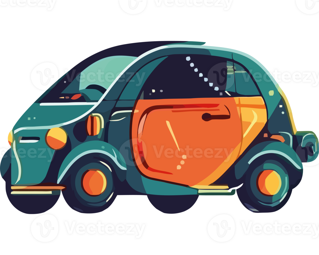 An illustration of a small car with orange and blue paint png