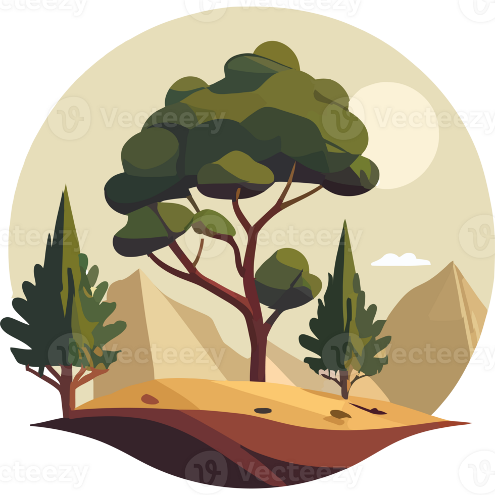 A cartoon illustration of a tree and mountains png