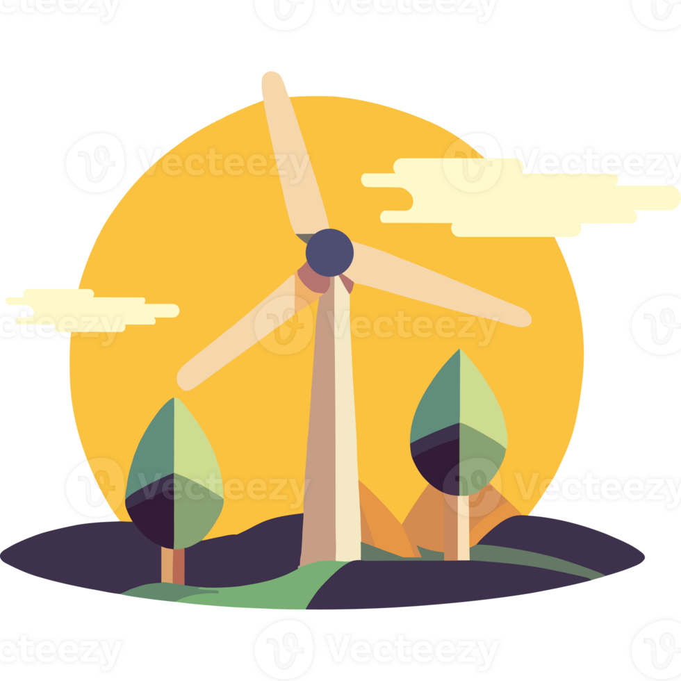 An illustration of a wind turbine with trees and a sun png