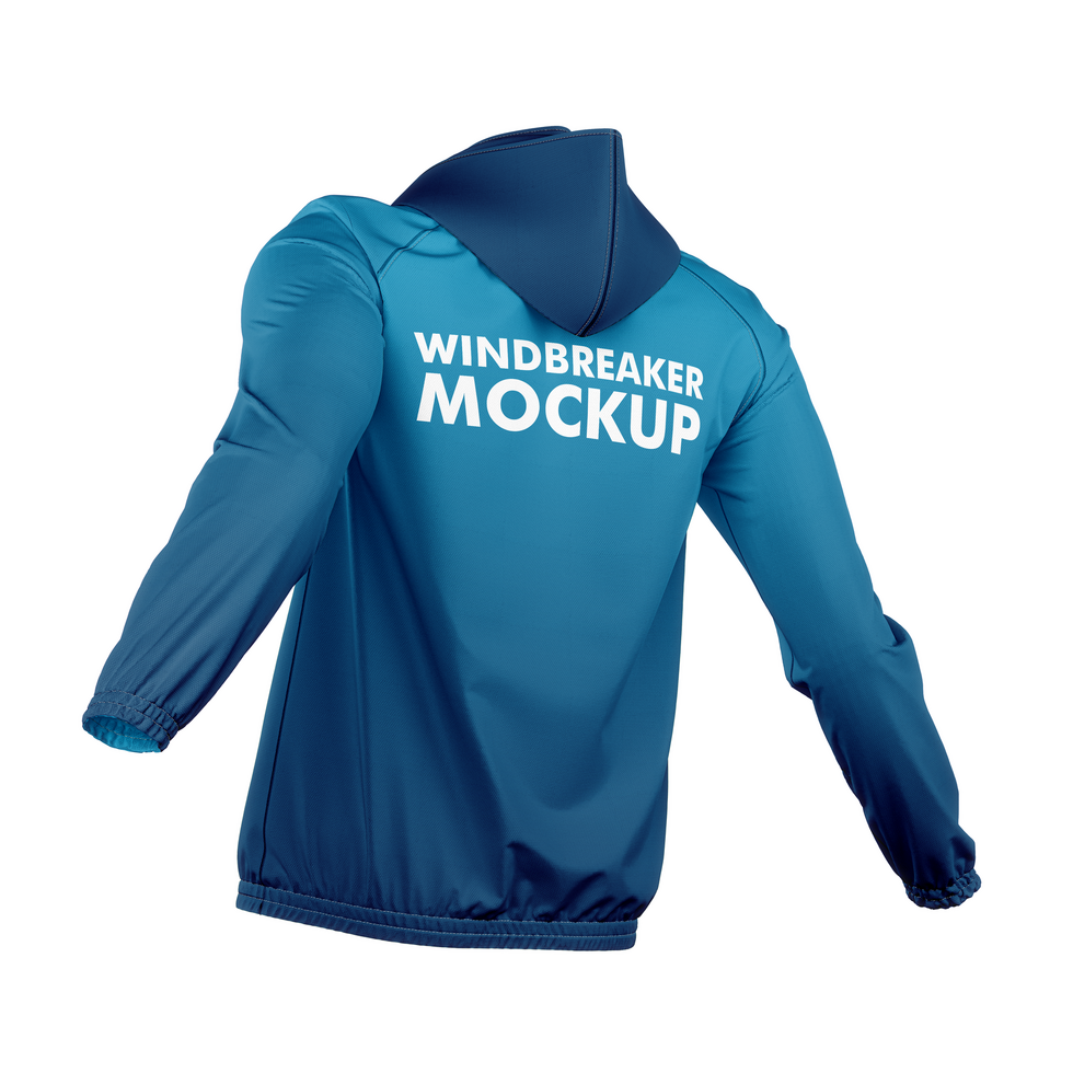 Turtleneck hooded windbreaker jacket mockup back view psd