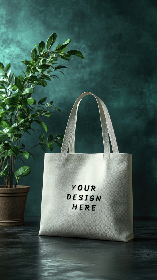 A canvas tote bag mockup on a dark background with tree psd