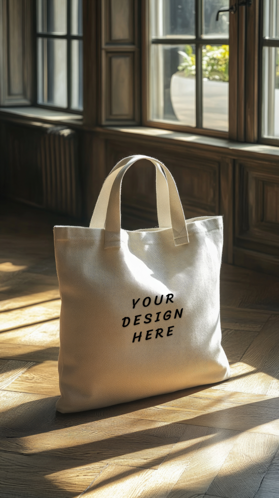 A canvas bag mockup on a wooden floor with sunlight psd