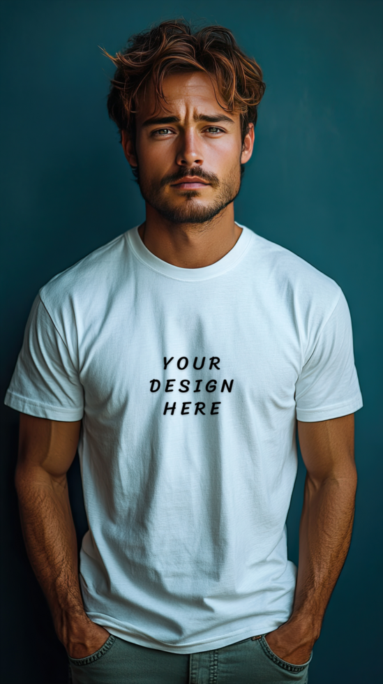 Man wearing a white t-shirt mockup on mallard background psd