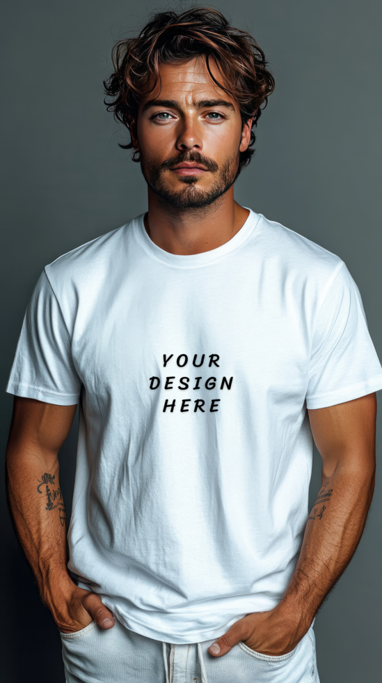 Man in white t-shirt mockup on grey background psd