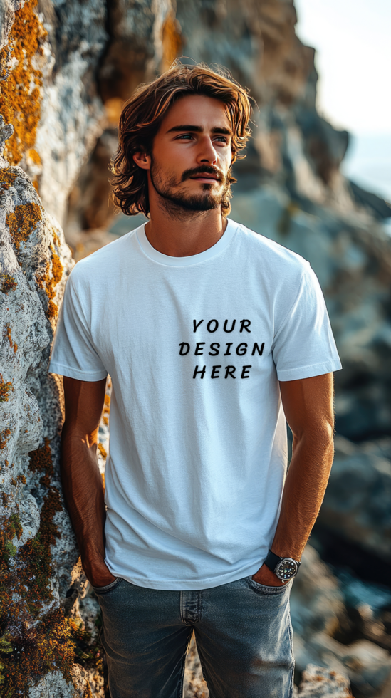 Man wearing a white t - shirt mockup with beside a rock psd