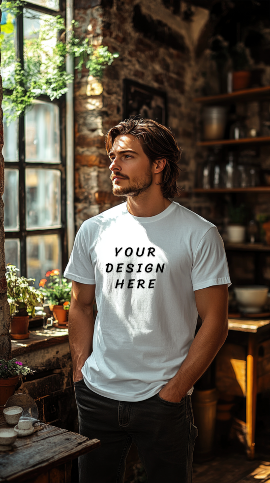 man wearing t-shirt mockup beside the window psd