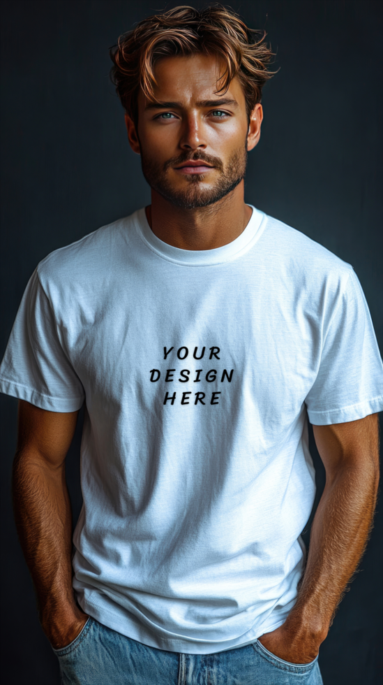 Man in white t-shirt mockup with dark background psd