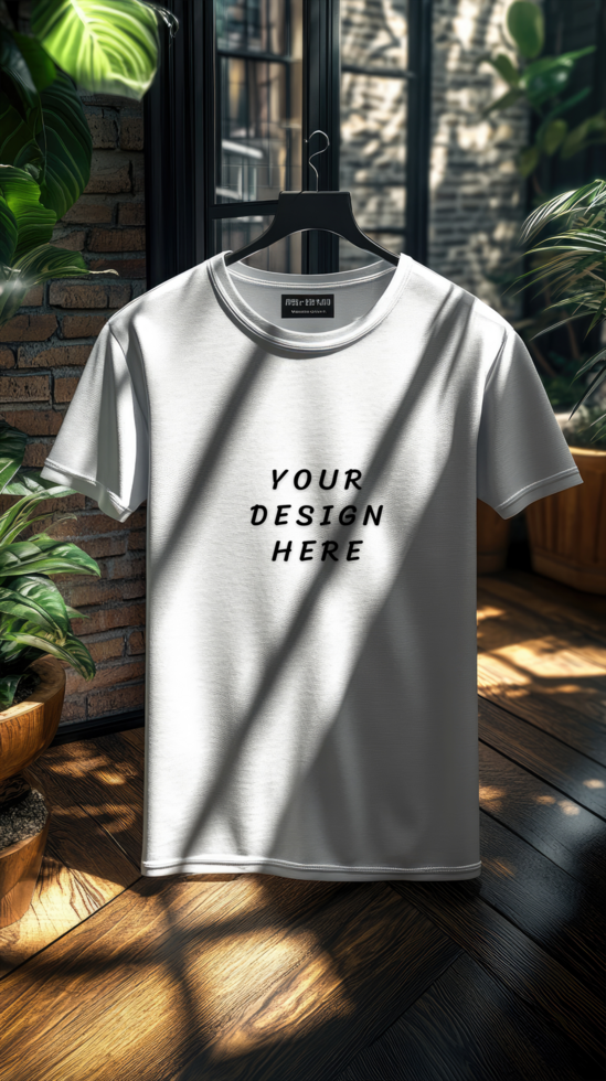 White t-shirt mockup on a wooden floor psd