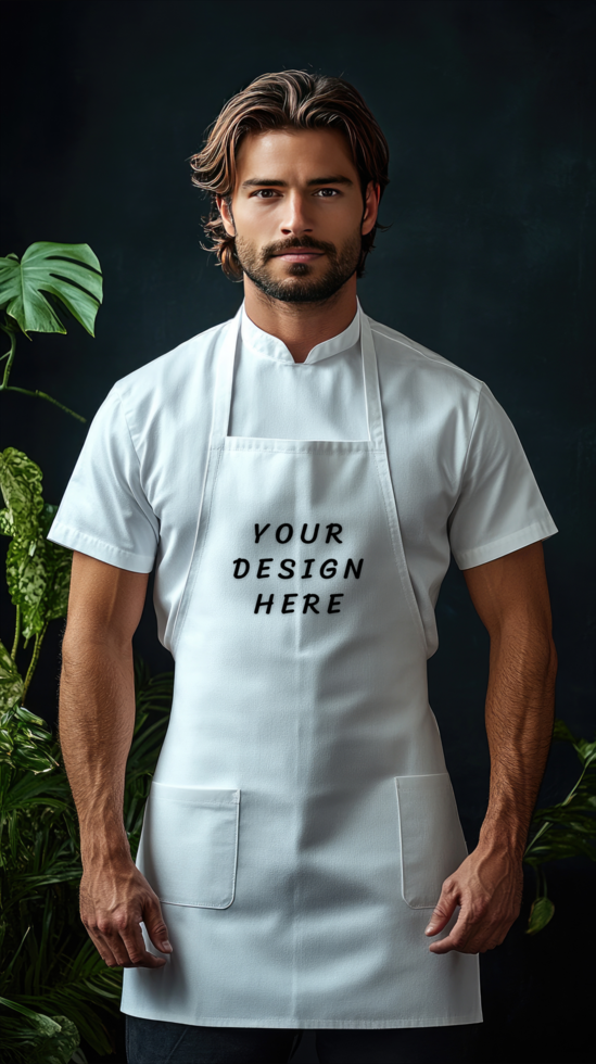 Bearded man in a white apron mockup on black background psd