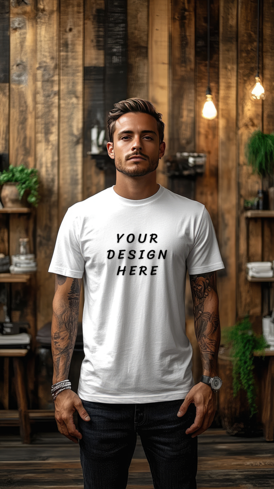 Man in a white t-shirt mockup with wooden background psd