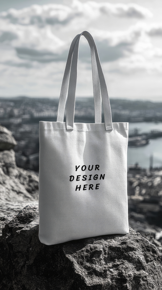 White tote bag mockup on a rock psd