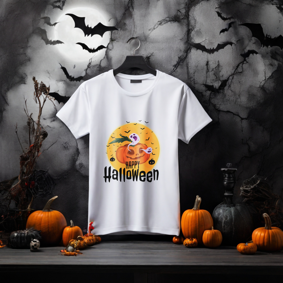 White t-shirt realistic mockup with halloween and bat black background psd