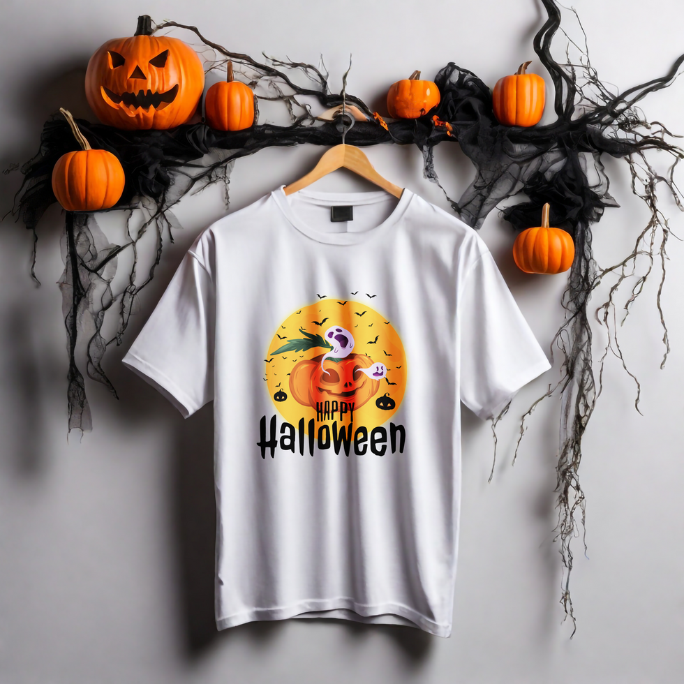 White t-shirt realistic mockup with halloween background psd