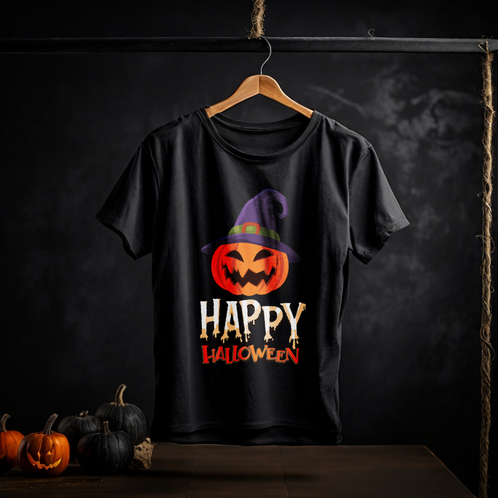 Black hanging t-shirt realistic mockup with halloween background psd