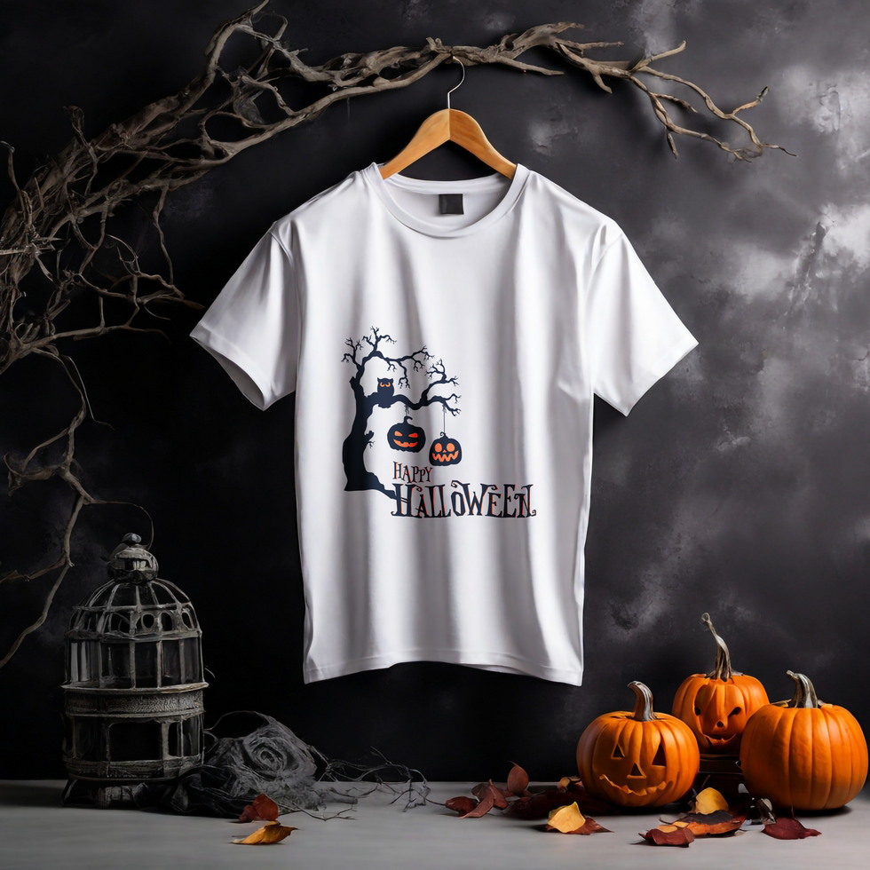 White t-shirt realistic mockup with halloween dark horror background psd