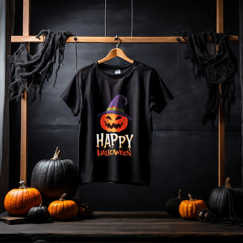 Black hanging t-shirt realistic mockup with dark halloween background psd