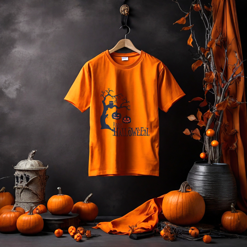 Orange t-shirt realistic mockup with halloween dark style background psd