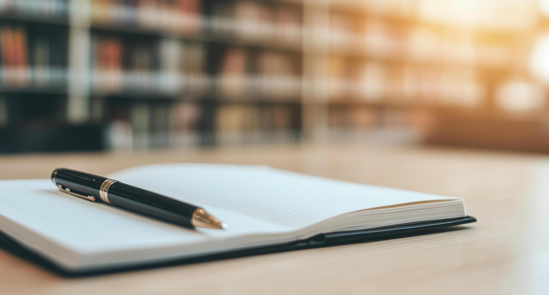 Notebook and pen on a desk in a quiet library during daylight hours photo
