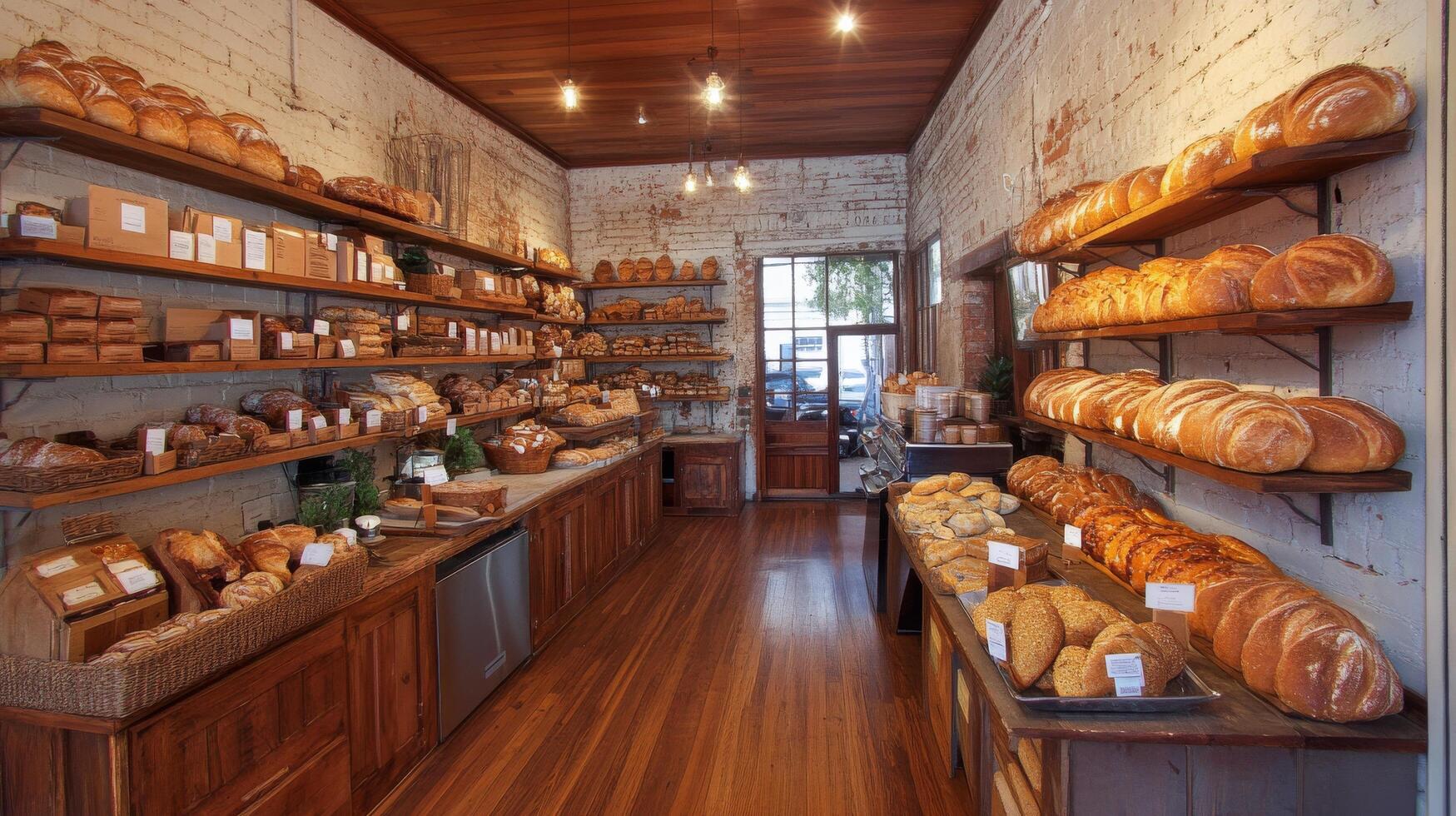 Artisan bakery interior filled with freshly baked loaves in a warm, inviting setting photo