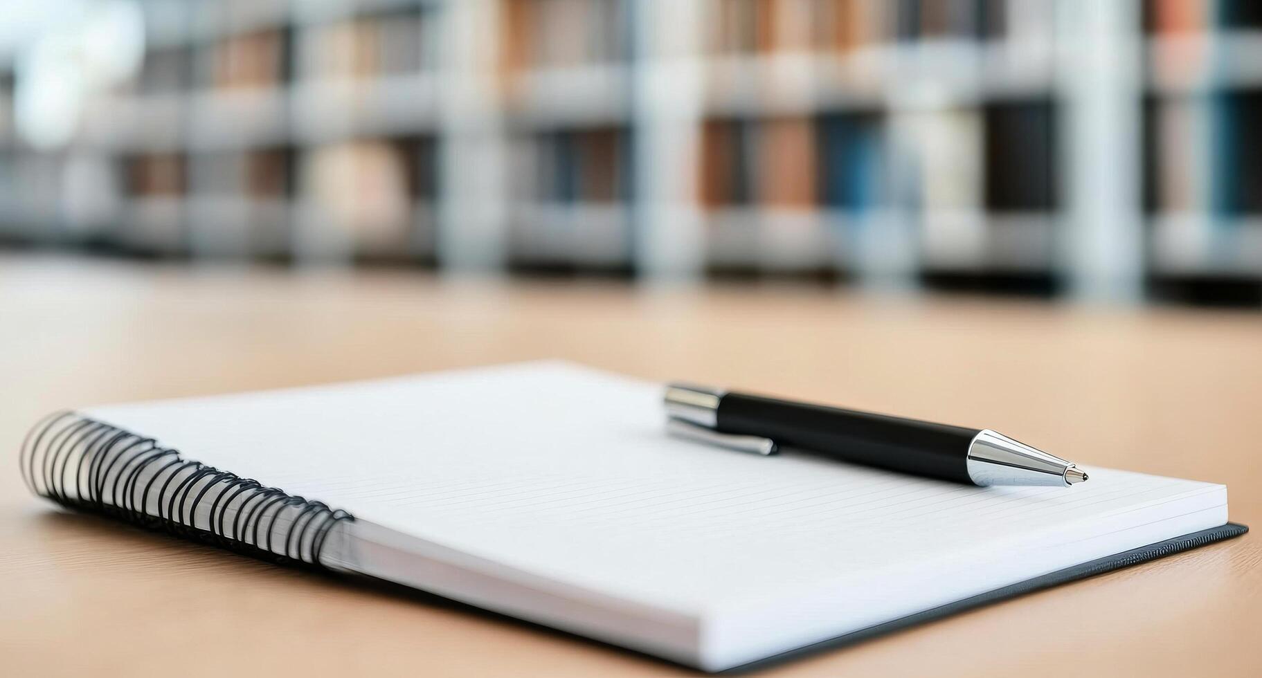 Notebook and pen on a desk in a quiet library during daylight hours photo