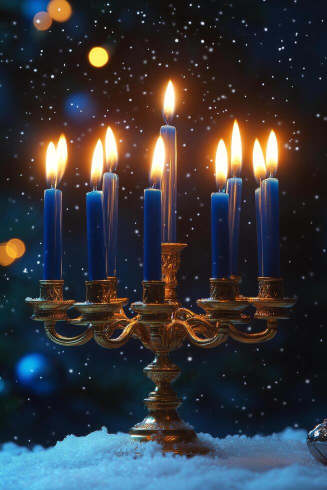 Menorah with lit candles glowing against a blurred festive background during Hanukkah celebrations photo