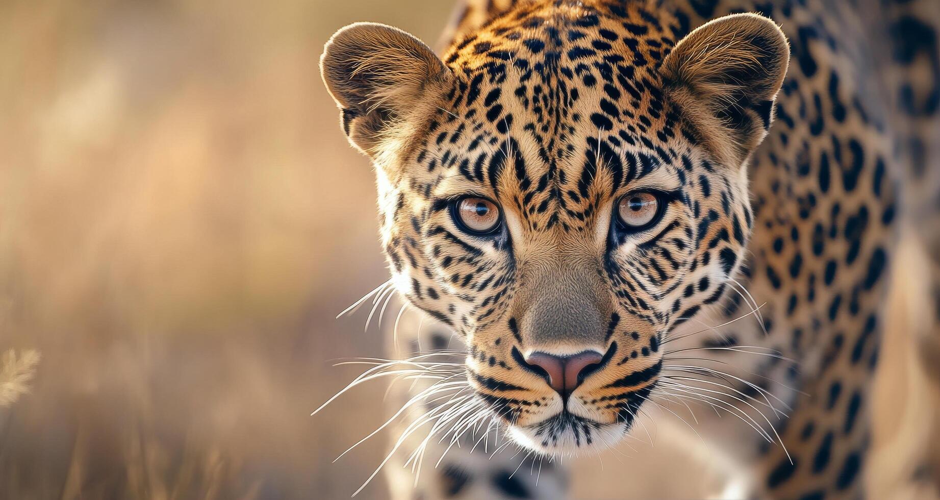 Close-up of a leopard with striking blue eyes in a natural habitat during golden hour photo