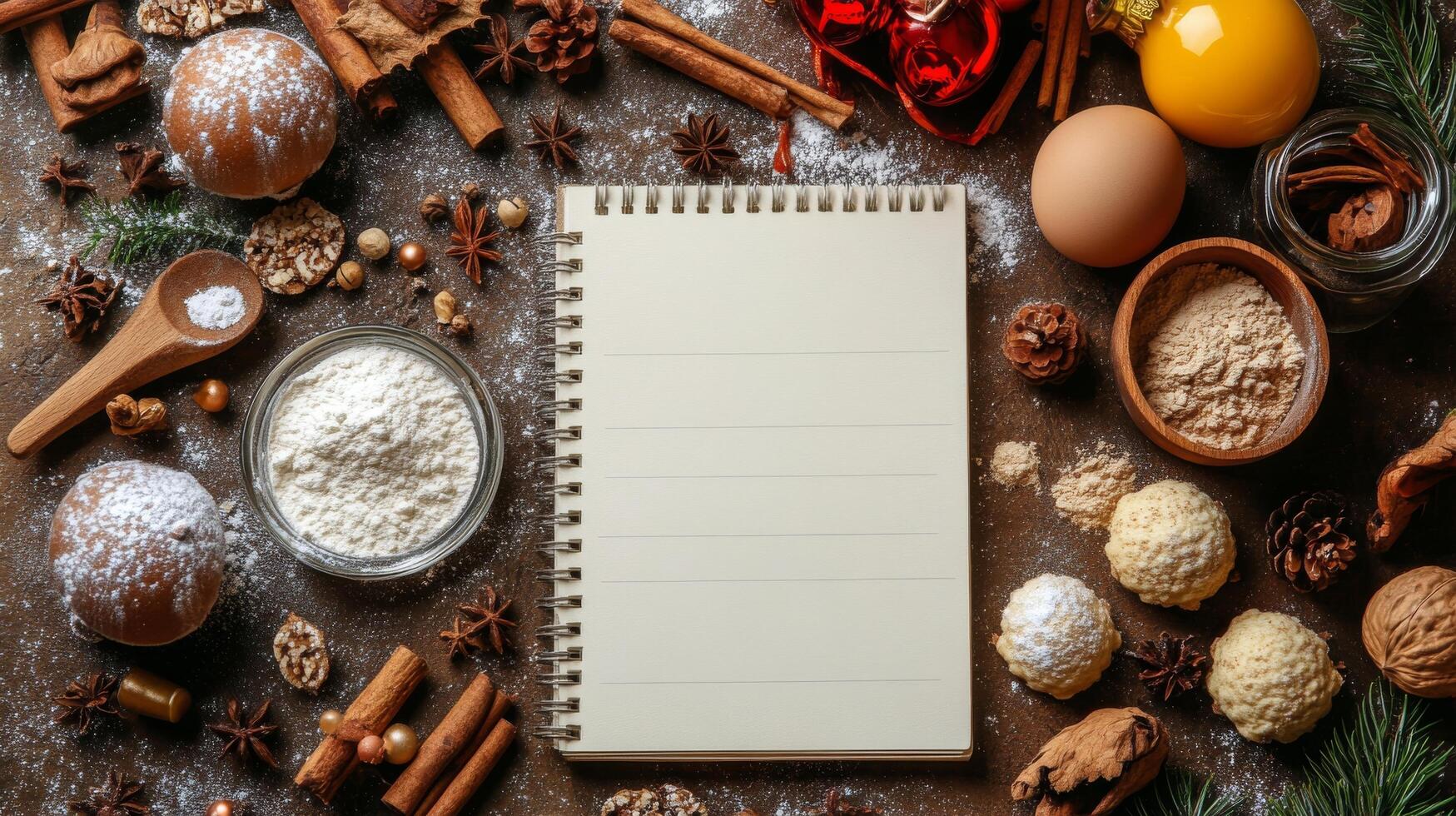 Festive holiday ingredients and decorations arranged around a blank recipe card photo