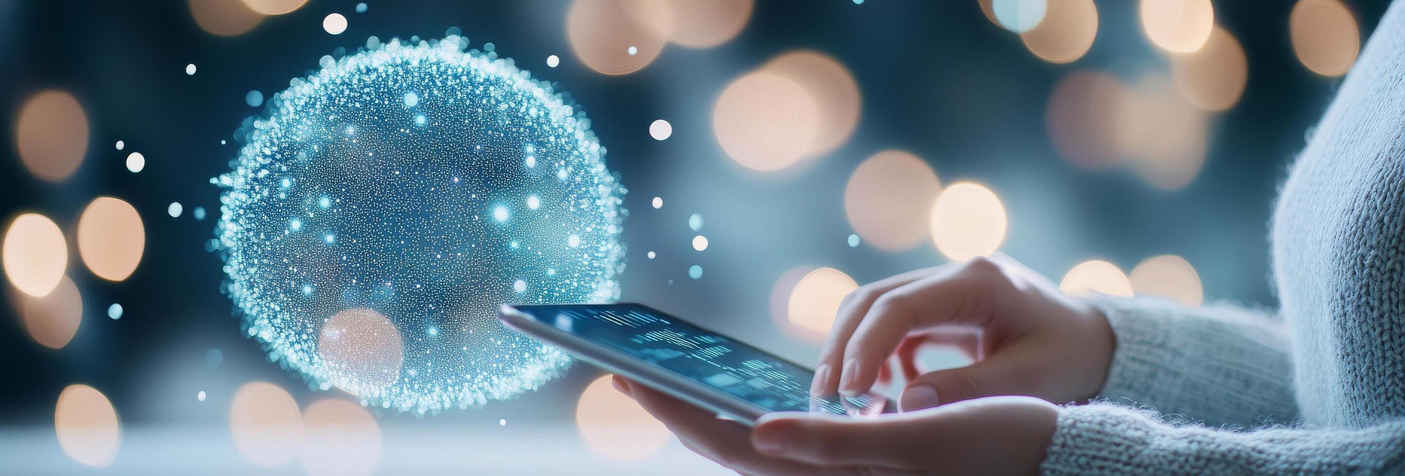 Person typing on a laptop while digital data visualizations float in the air at night photo