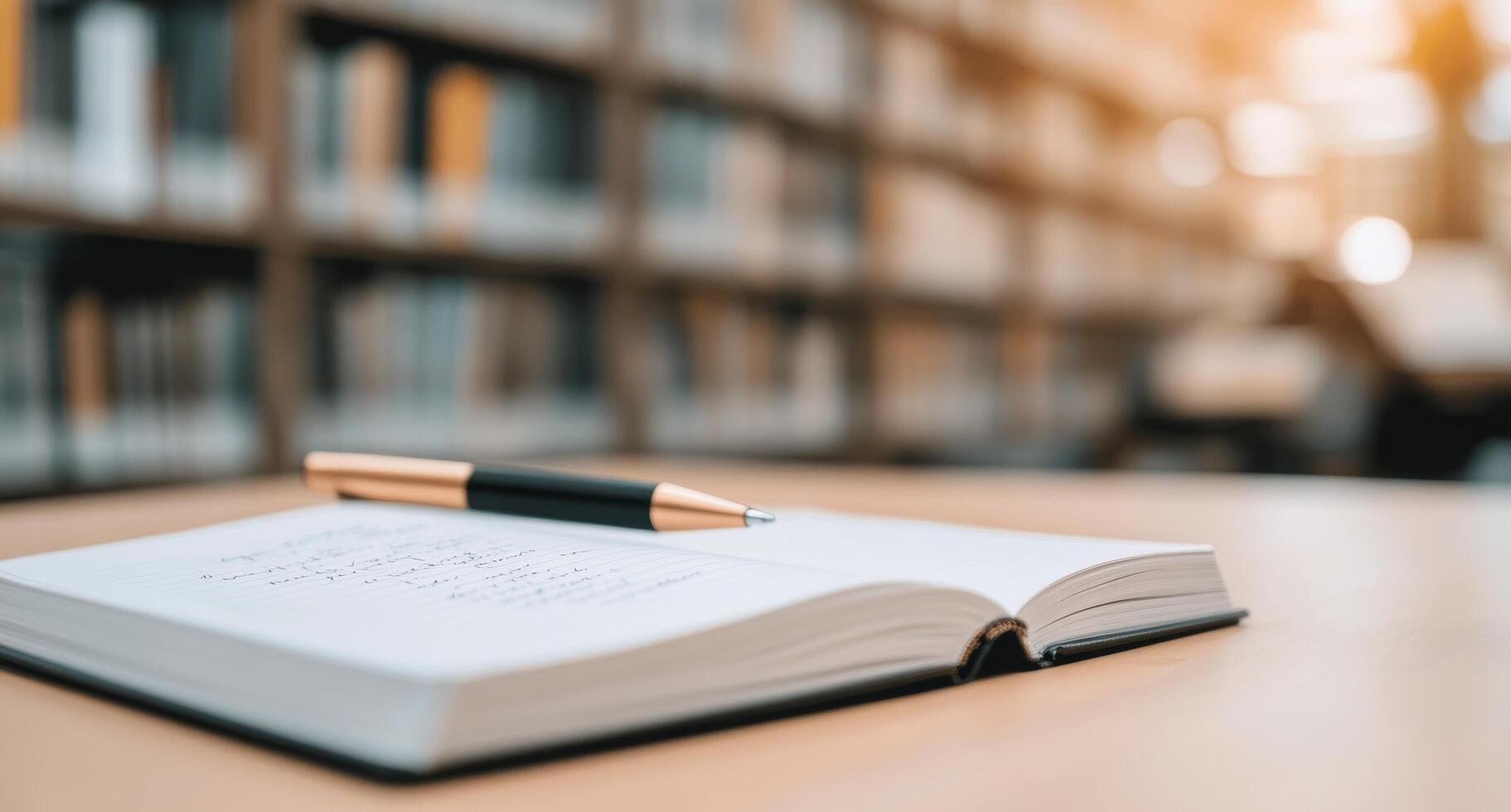 Notebook and pen on a desk in a quiet library during daylight hours photo