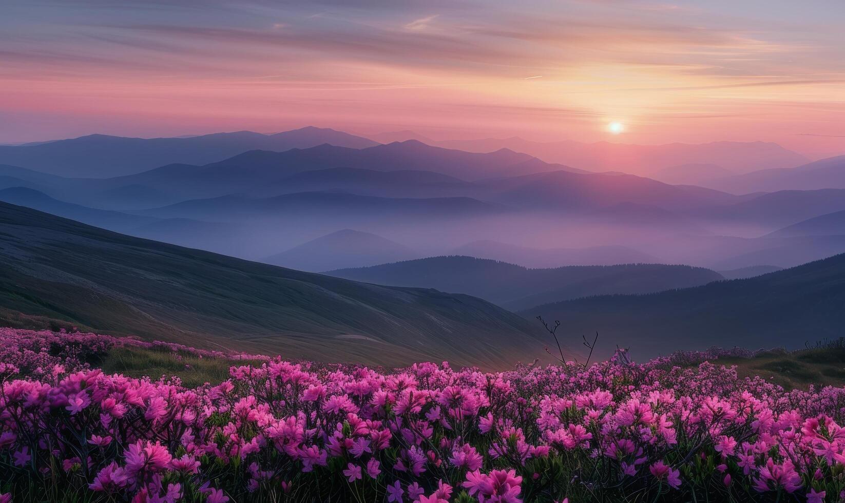 Sunrise Over Blooming Pink Rhododendrons in Mountain Valley 49505849