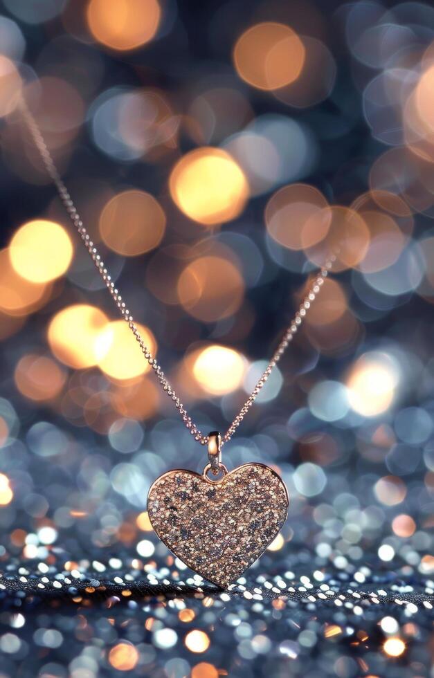 Heart-Shaped Pendant Sparkling Against a Blurred Background of Colorful Lights photo