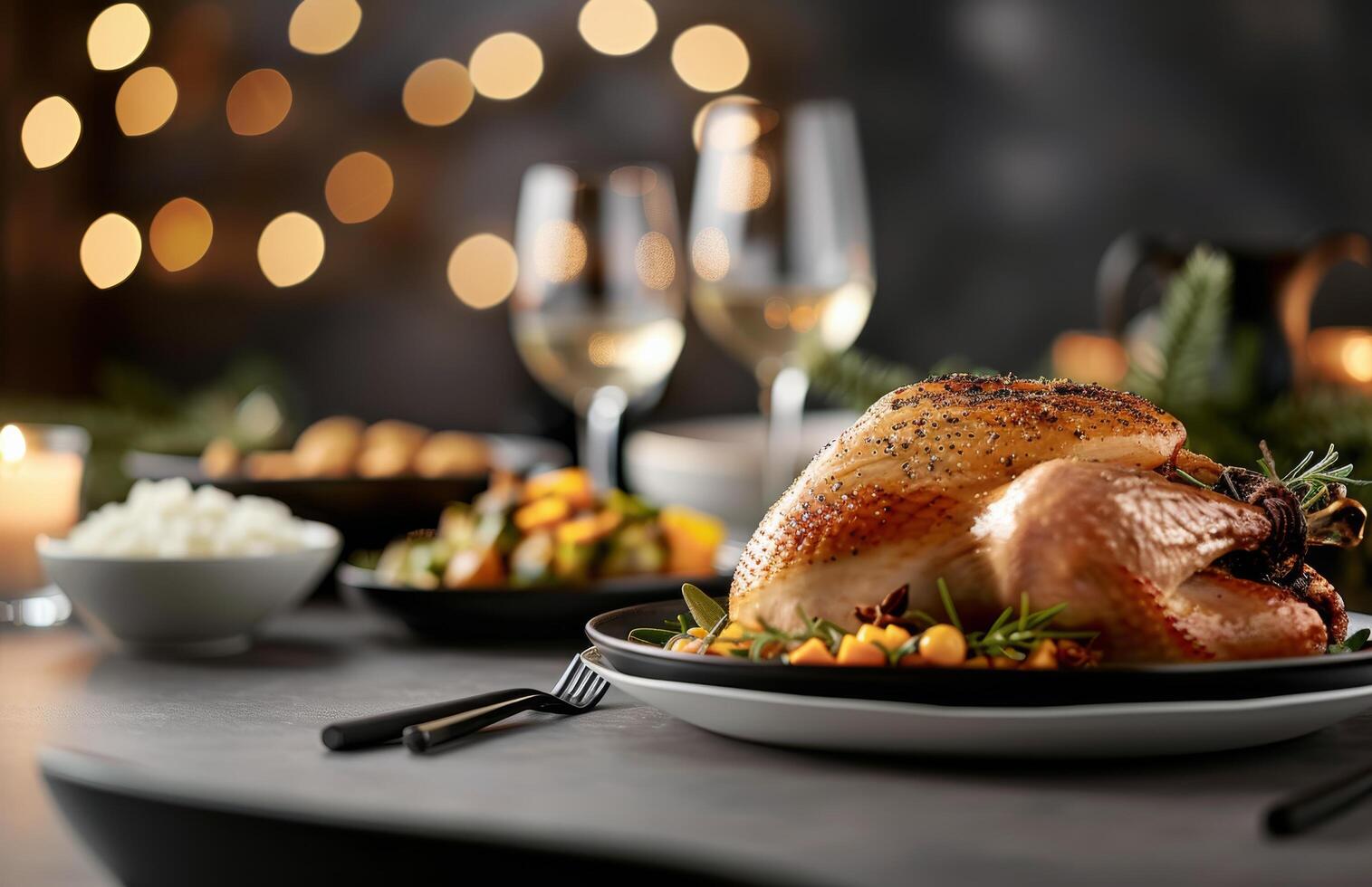 Thanksgiving Dinner With Roasted Turkey and Seasonal Sides in Cozy Dining Room photo