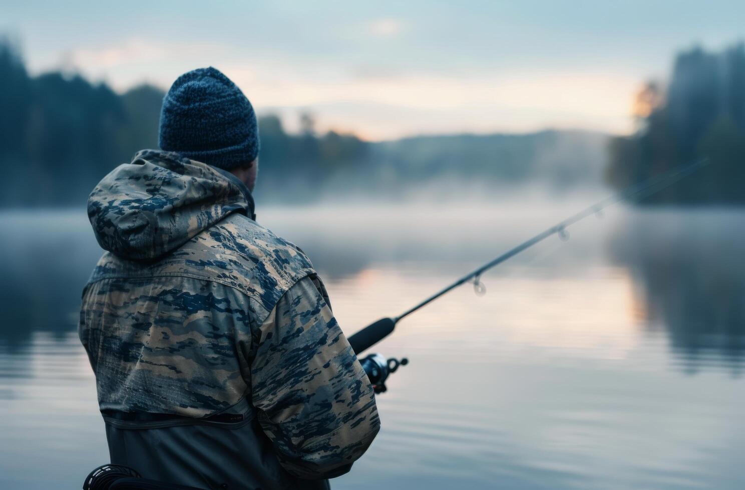 Early Morning Fishing Trip On A Misty Lake Surrounded By Autumn Trees photo